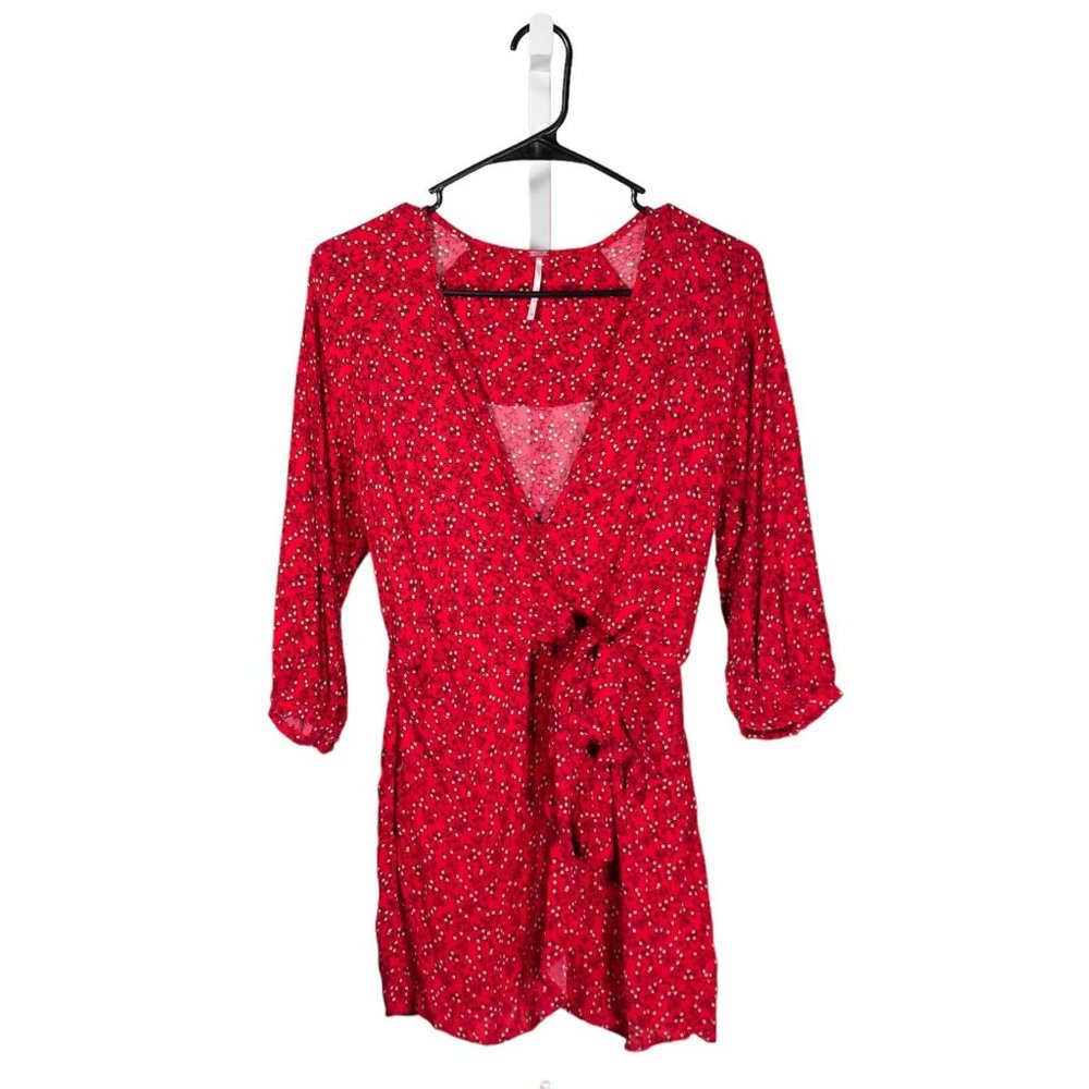 Free People Women's Blouse Red Floral V-Neck Side Tie Wrap Boho Beach Top XS
